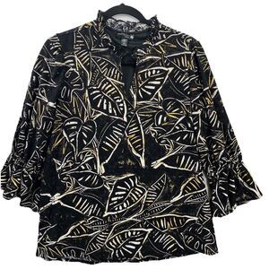 Antthony Original Blouse Womens M Black‎ Gold Tropical Leaf Eyelet Ruffle TE5506